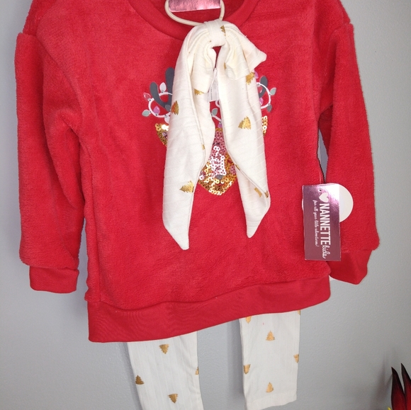 NWT NANETTE BABY  3PIECE REINDEER FACE AND LEGGING SET WITH SCRUNCHIE - Picture 5 of 8